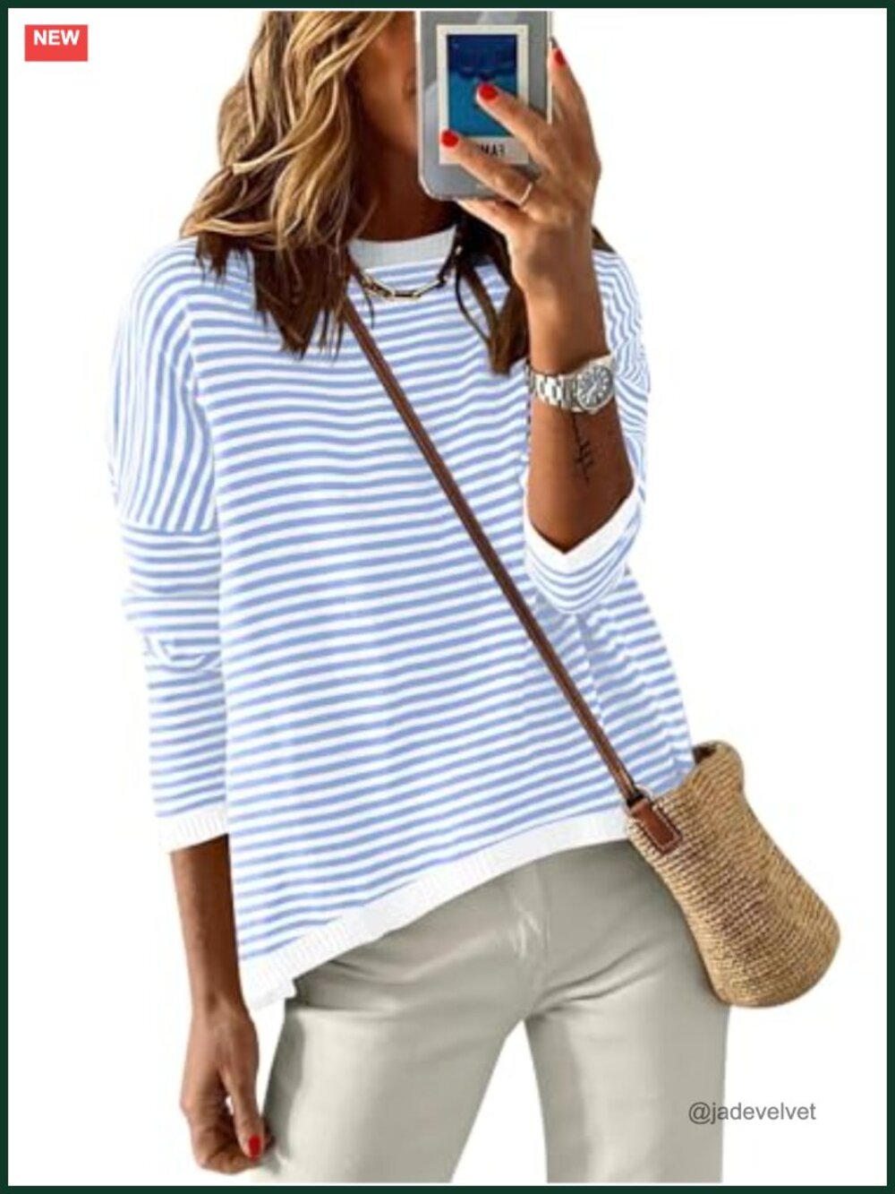 Women's Striped Knit Pullover Sweater Long Sleeve Casual Crewneck